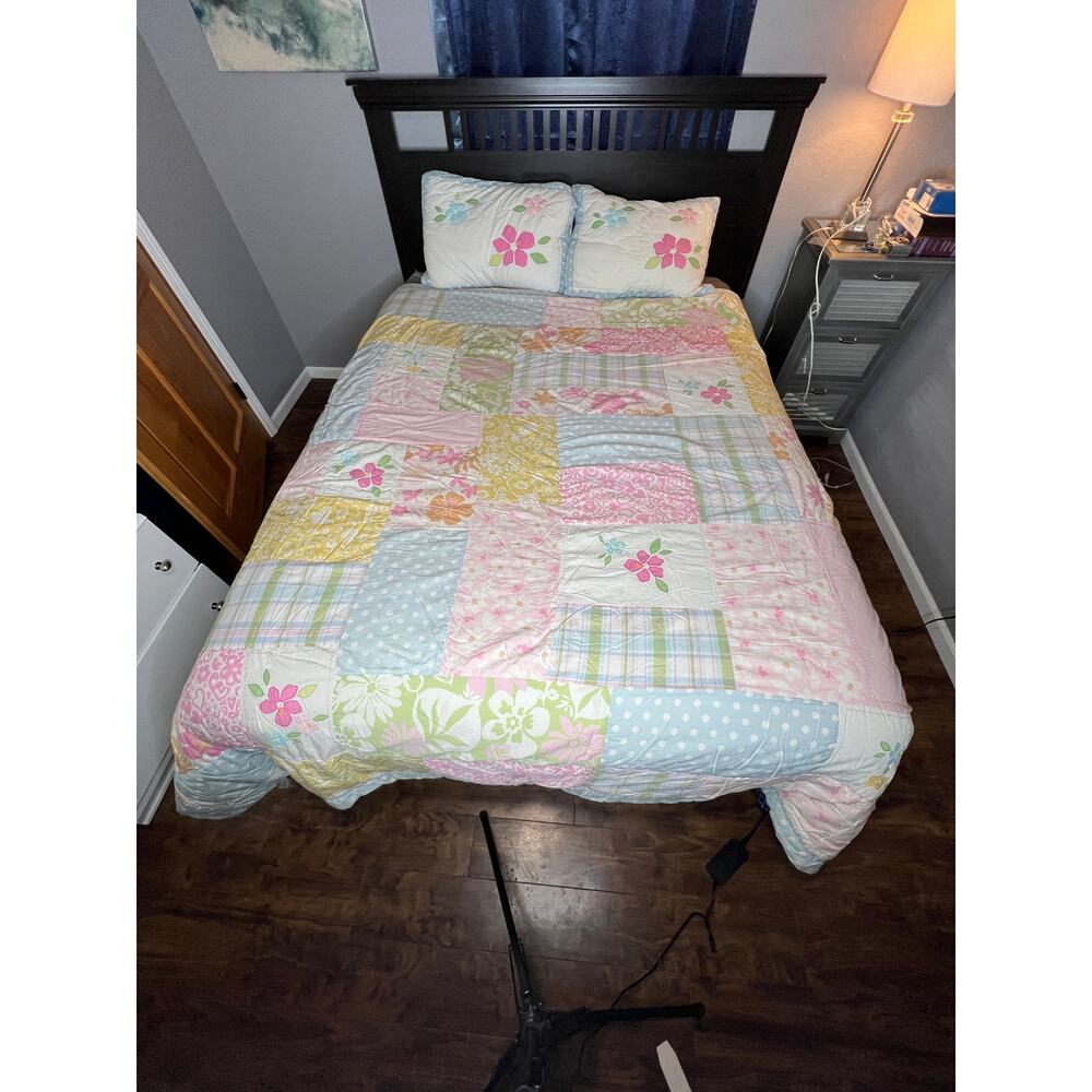 Pottery Barn Kids full quilt set pink/blue/green floral plaid reversible 2 shams